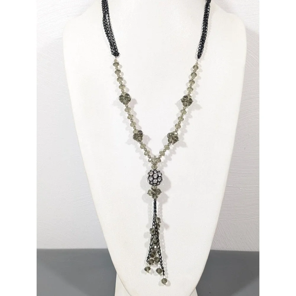 Smokey Gray Bead Crystal Ball Black‎ Multi Chain Tassel Necklace 28